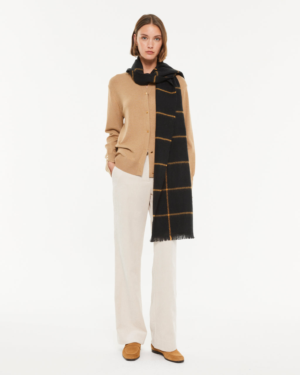 Women's two-tone plaid print scarf with fringes