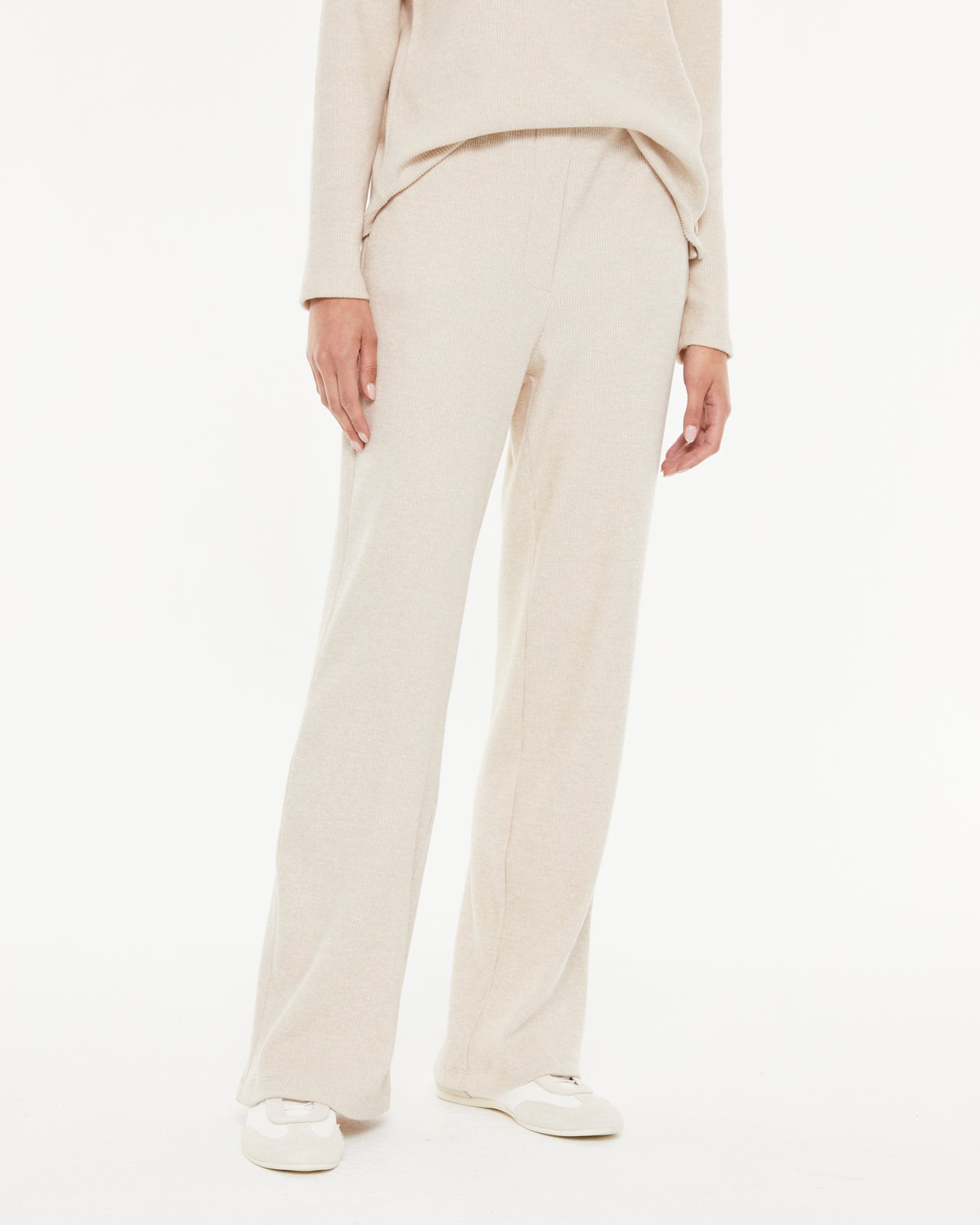 Pantalon droit pour femme en maille côtelée et taille élastique