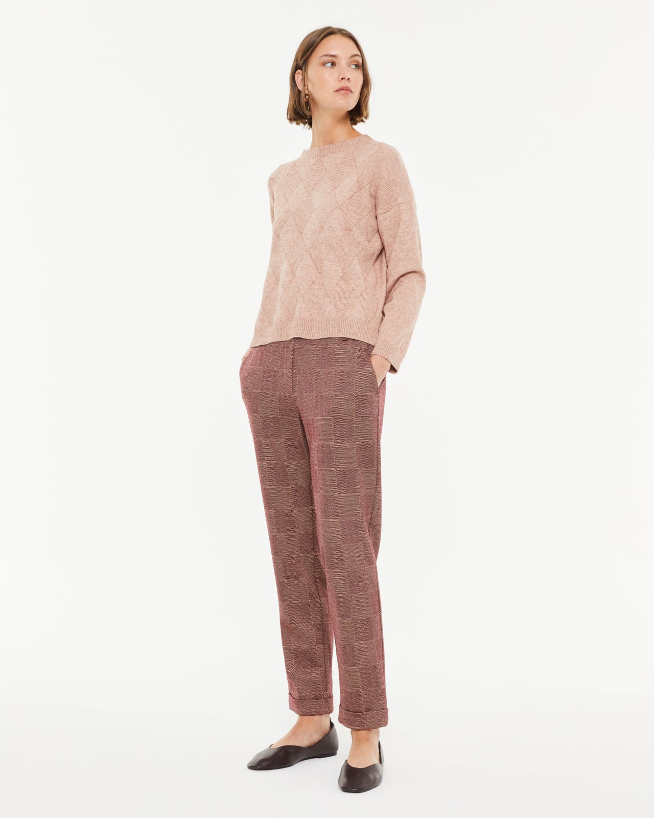 Pantalon droit pour femme avec tricot à carreaux et taille élastique
