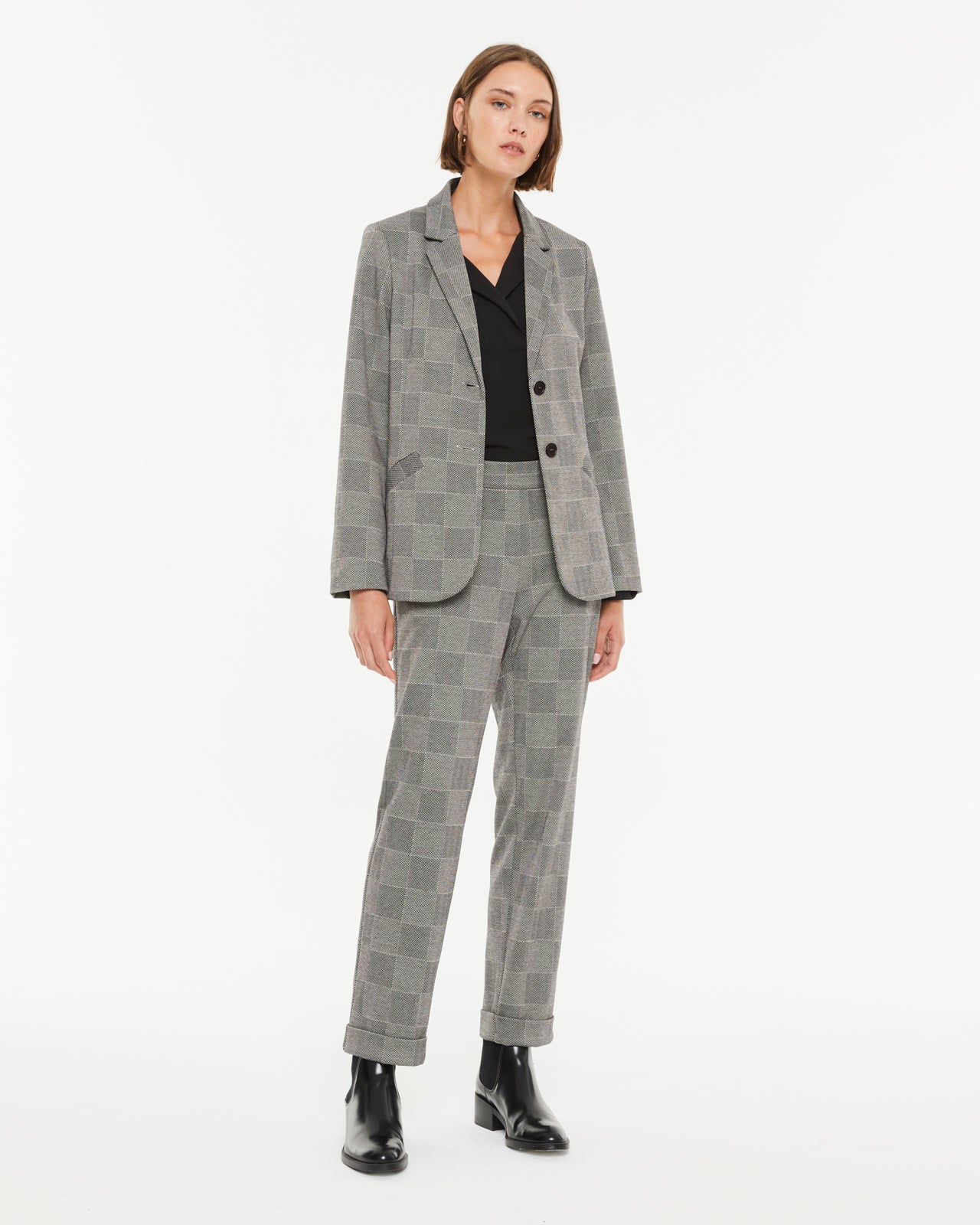 Pantalón recto de mujer punto cuadros cintura elástica