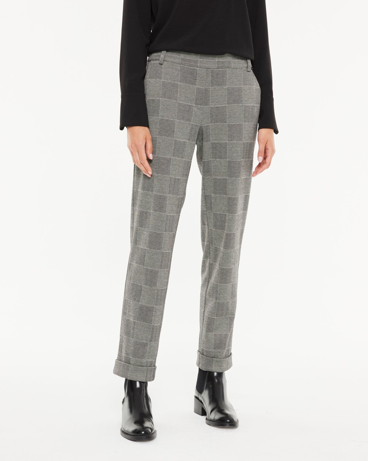 Pantalón recto de mujer punto cuadros cintura elástica