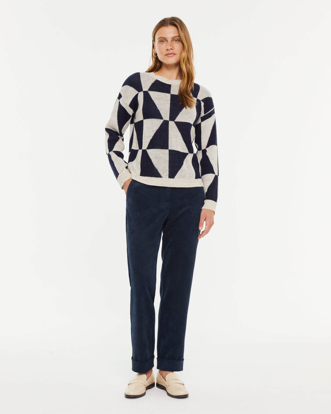 Pantalon droit en velours côtelé pour femme avec taille élastique