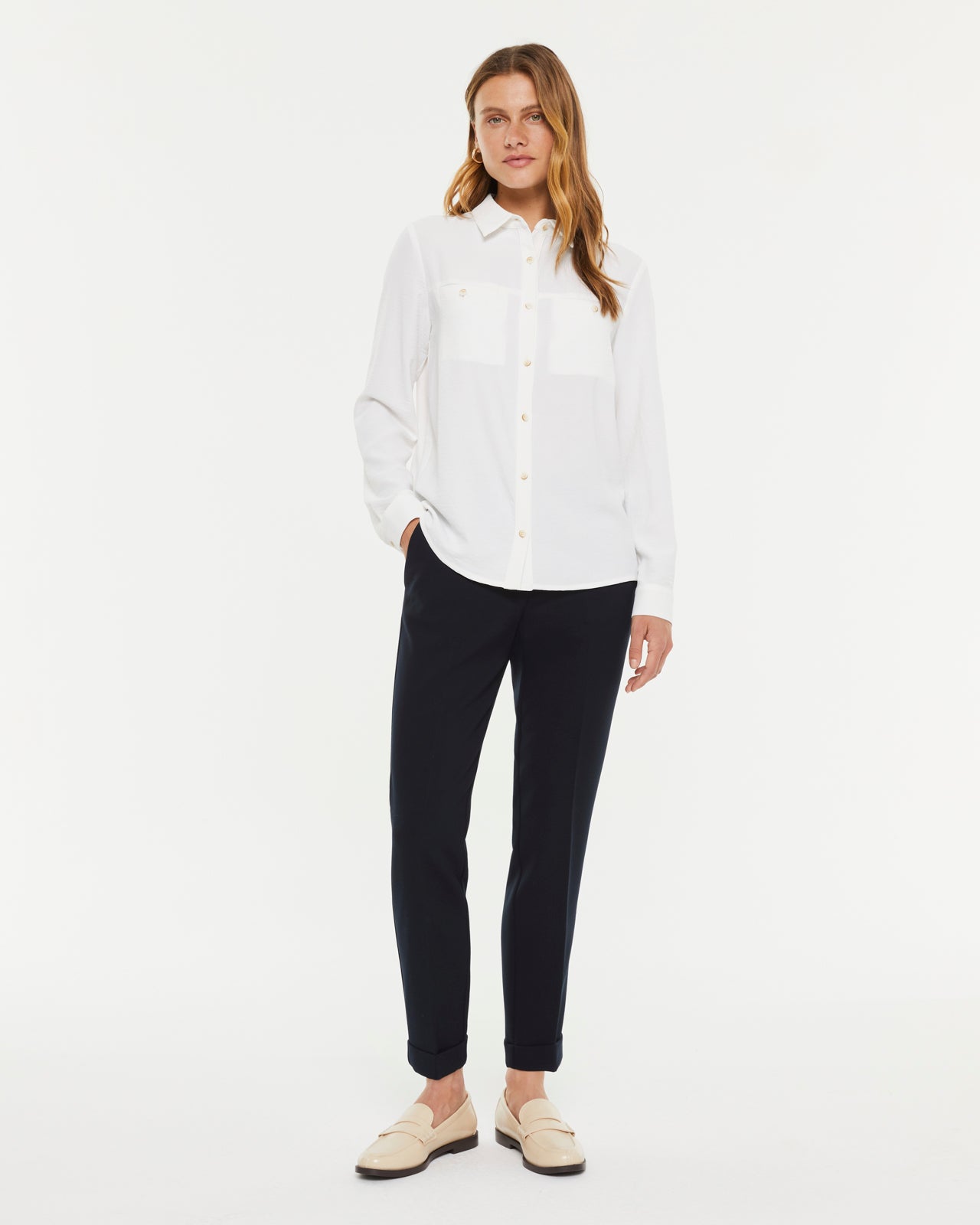 Pantalon droit femme en maille roma avec ourlet retroussé