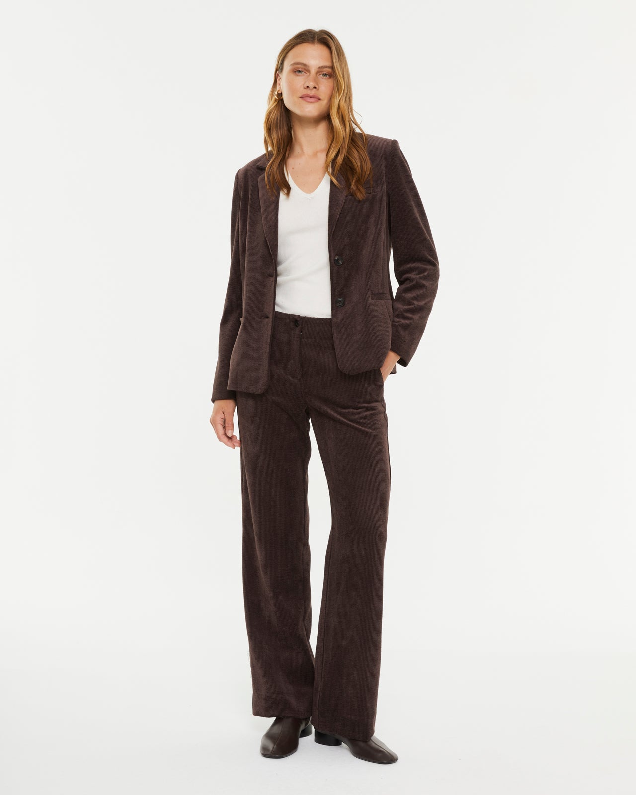 Blazer basique en velours côtelé pour femme avec col à revers