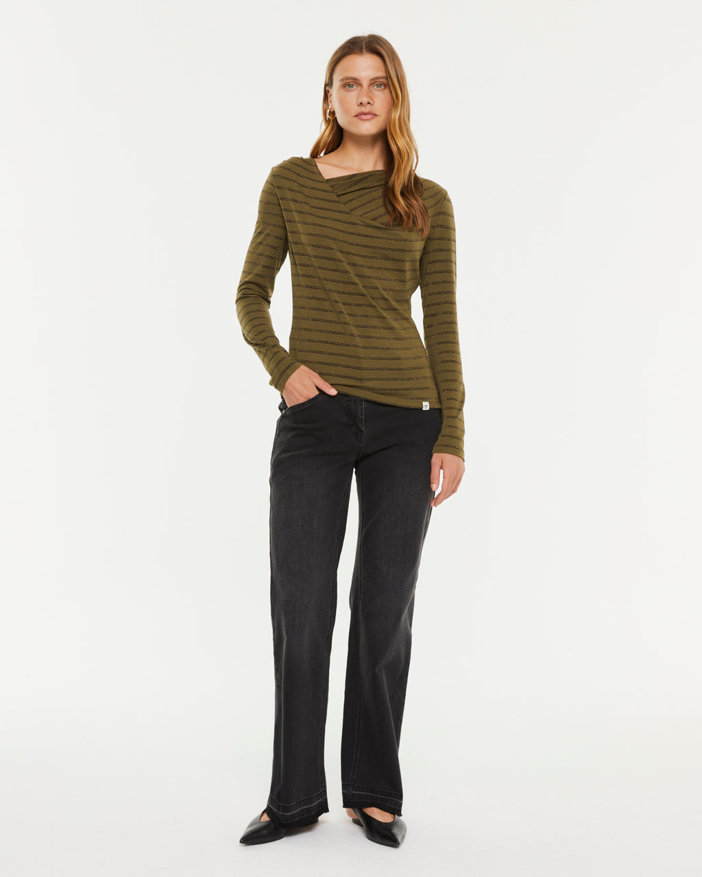 T-shirt femme imprimé lurex rayé à encolure asymétrique