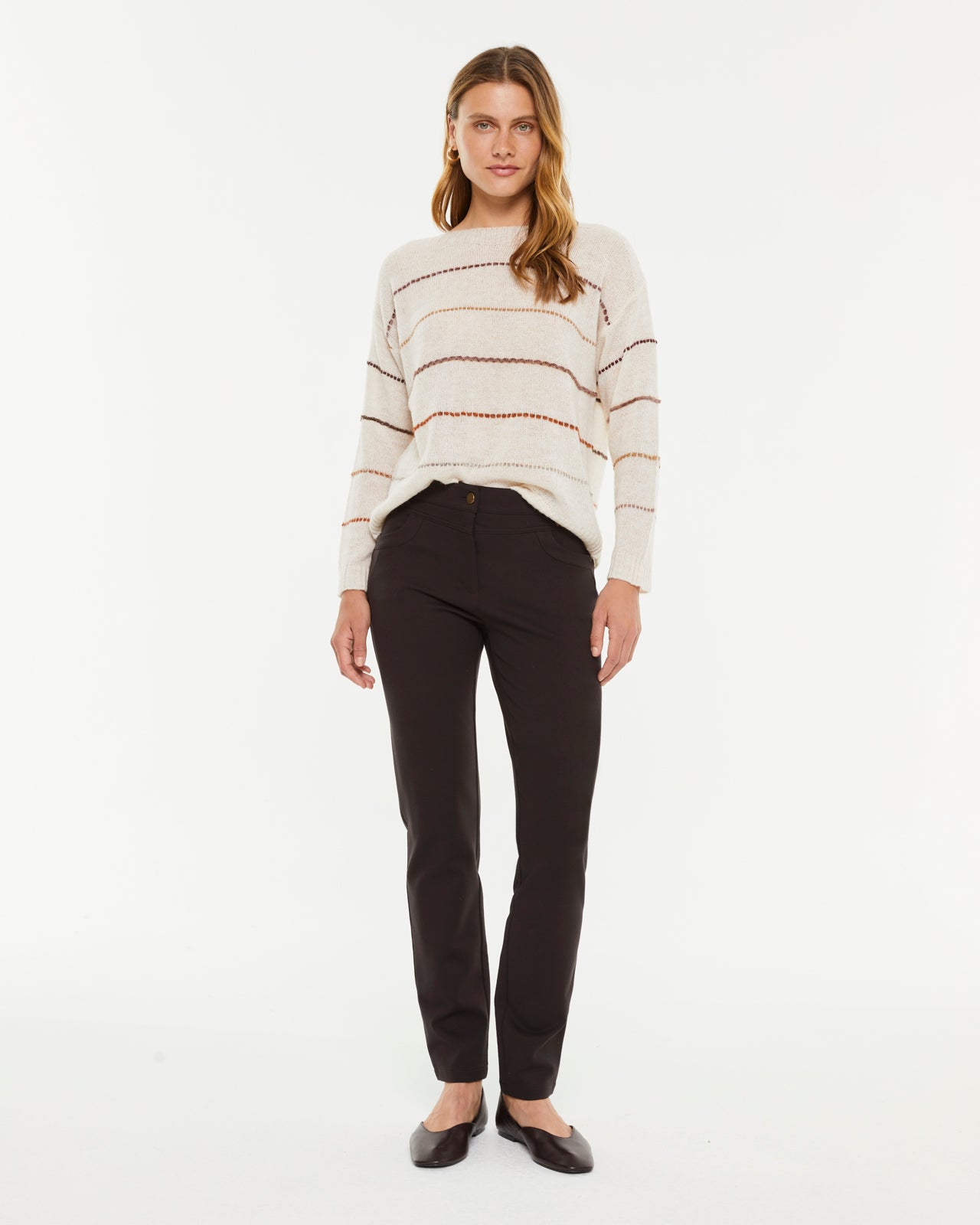 Pull femme imprimé rayé avec encolure bateau et manches longues