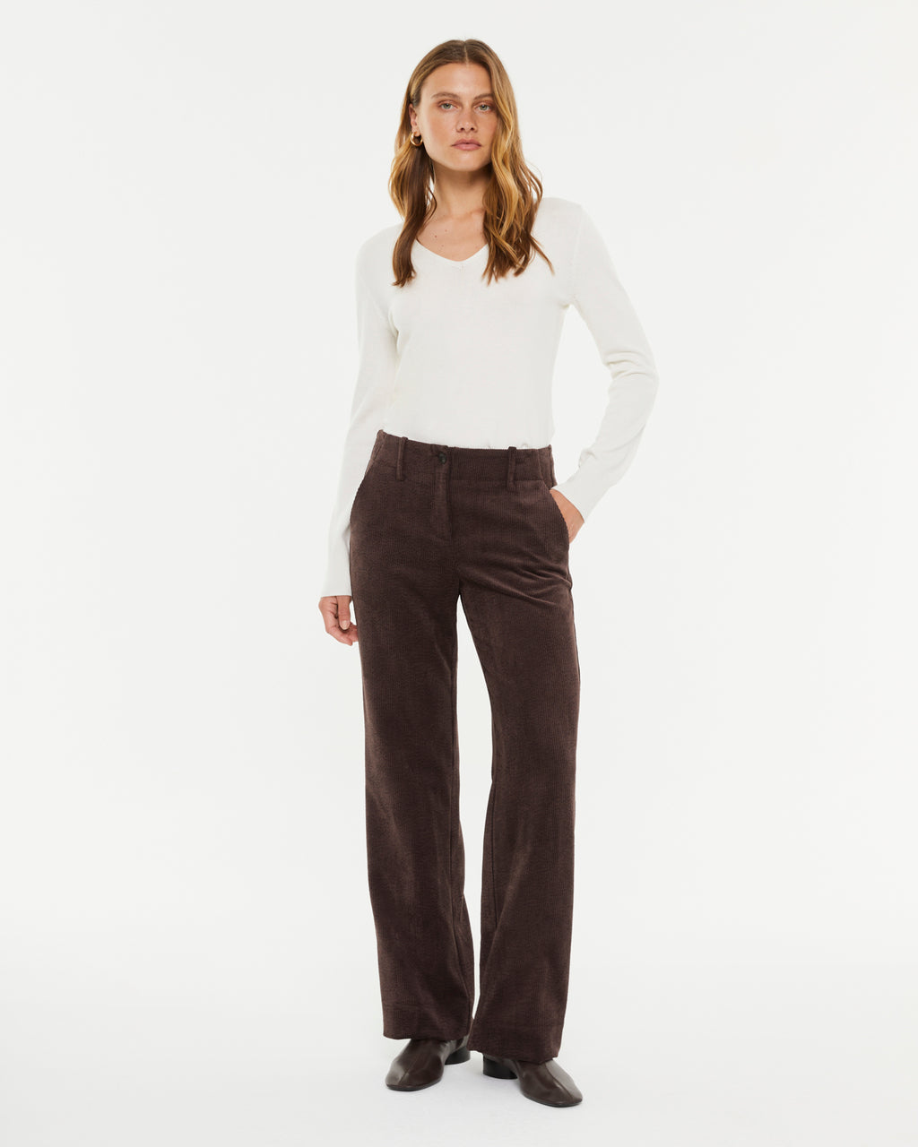 Pull basique à manches longues et col en V pour femme