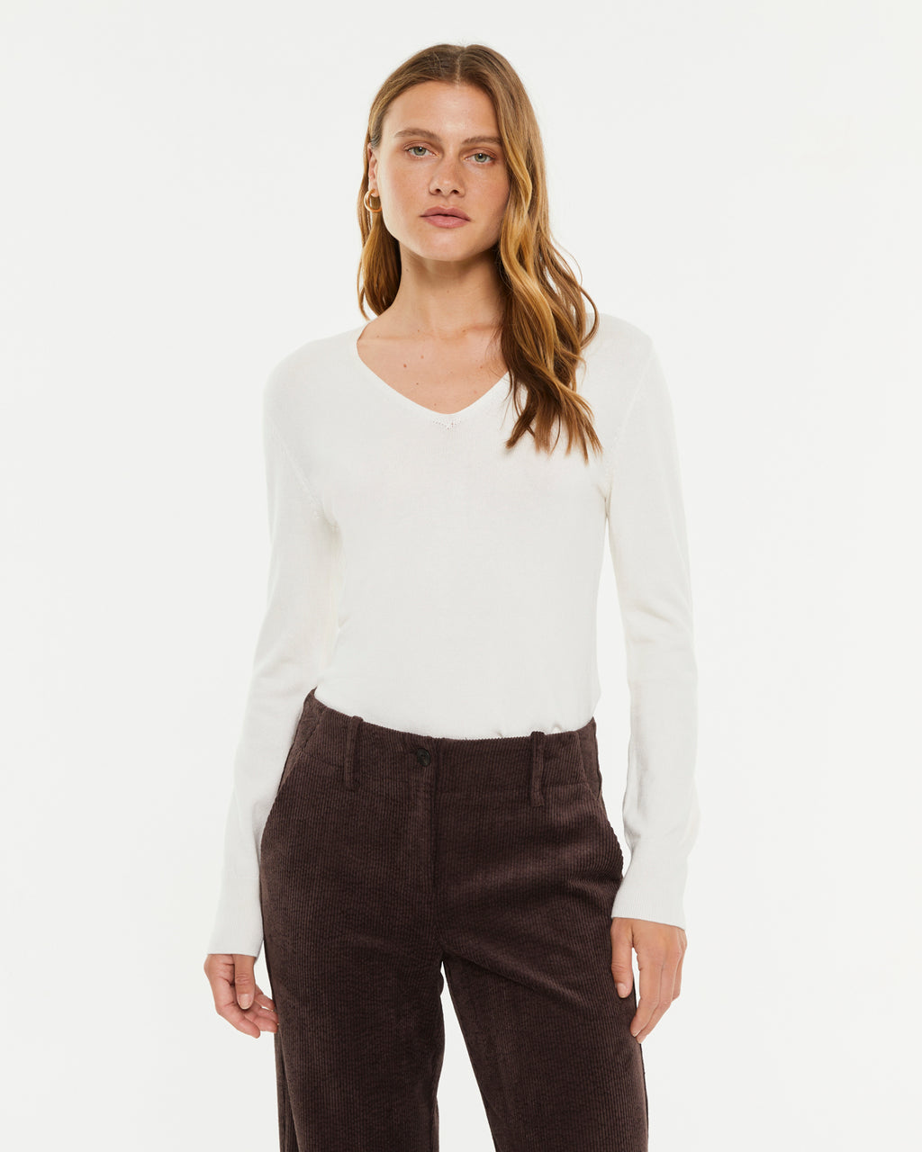 Pull basique à manches longues et col en V pour femme