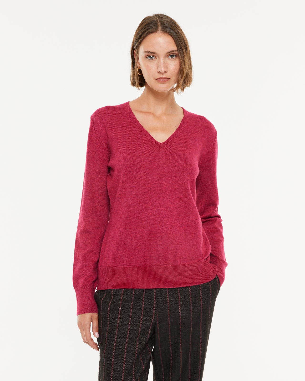 Pull basique à manches longues et col en V pour femme