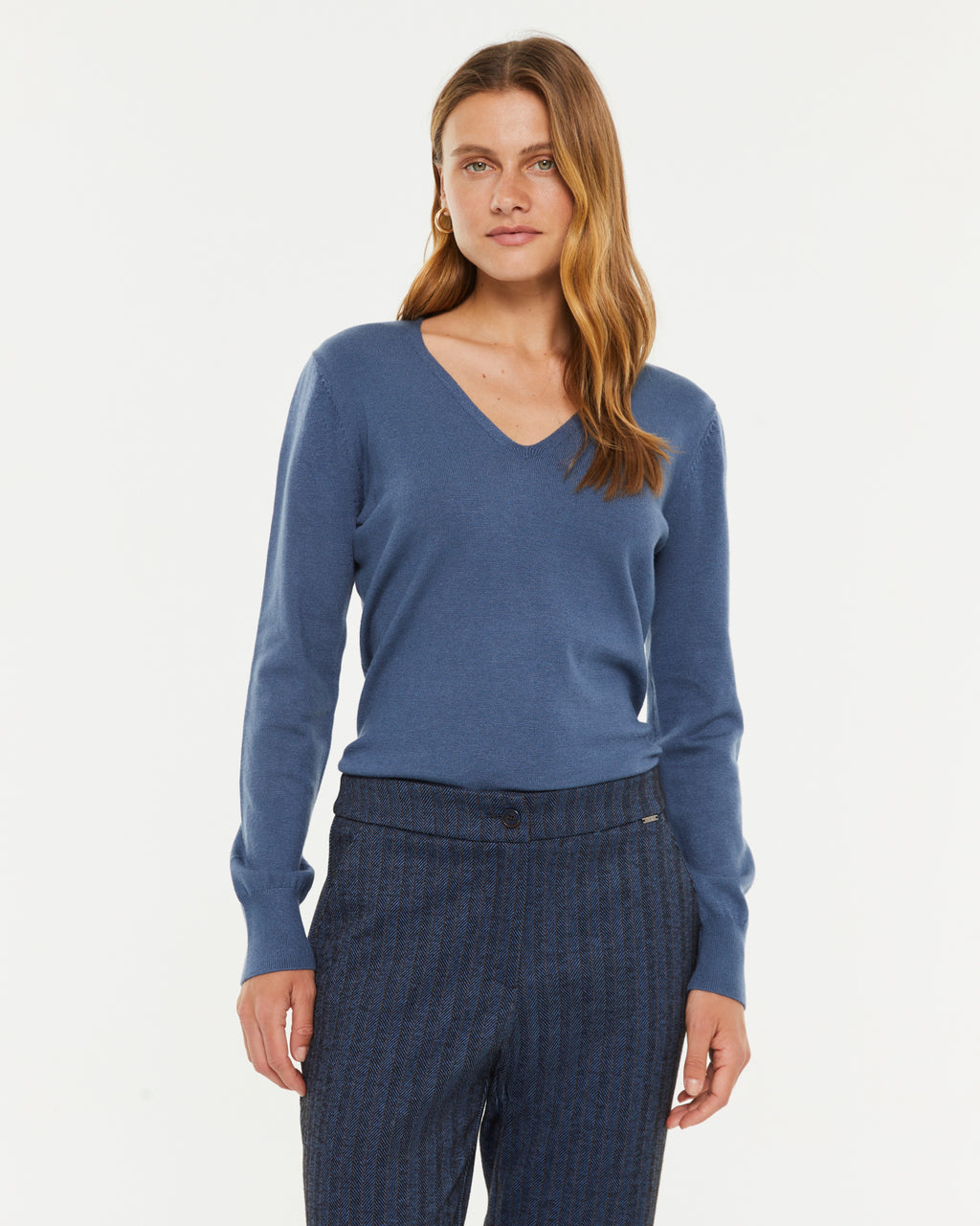 Pull basique à manches longues et col en V pour femme
