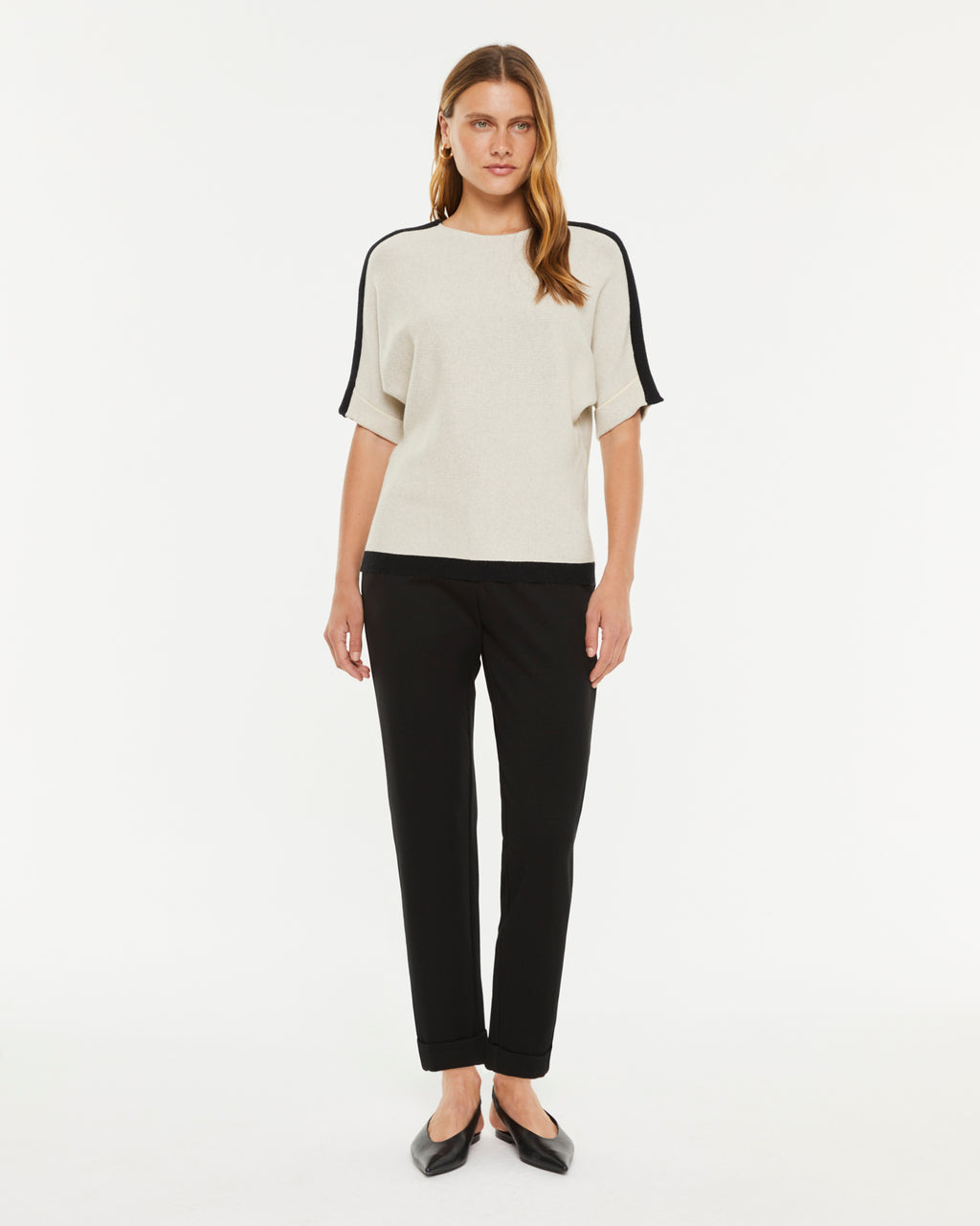 Pull col rond bicolore à manches courtes pour femme