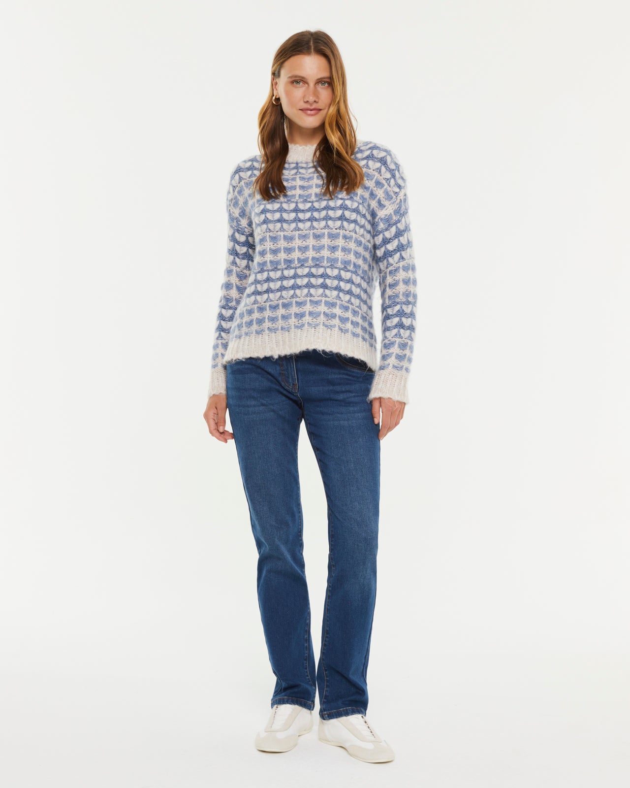 Pull femme en maille fantaisie à manches longues et col rond