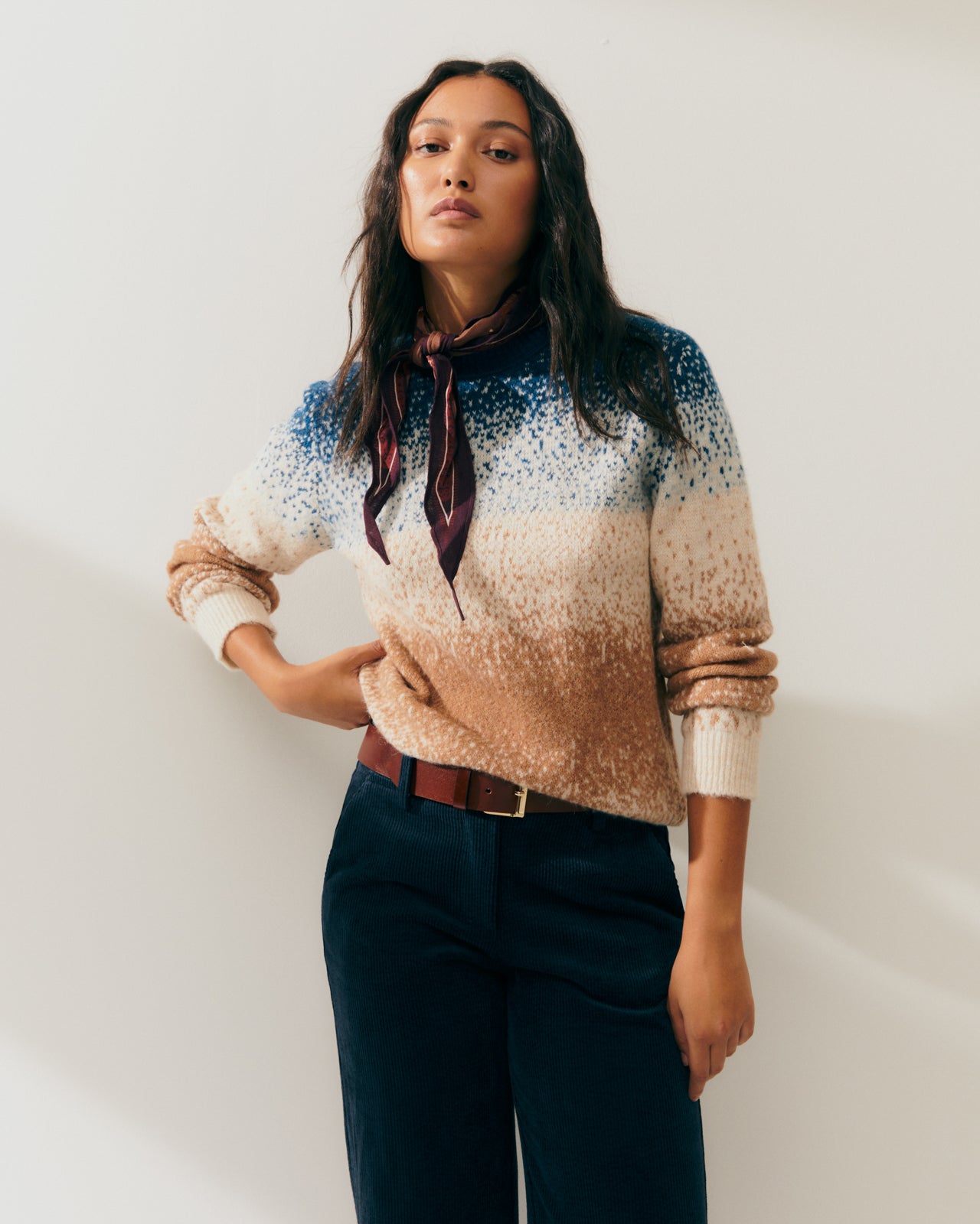 Women's fancy knit sweater with long sleeves and a round neck