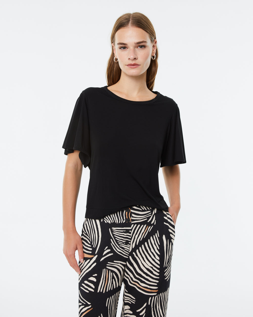 T-shirt femme à col rond et manches courtes à volants