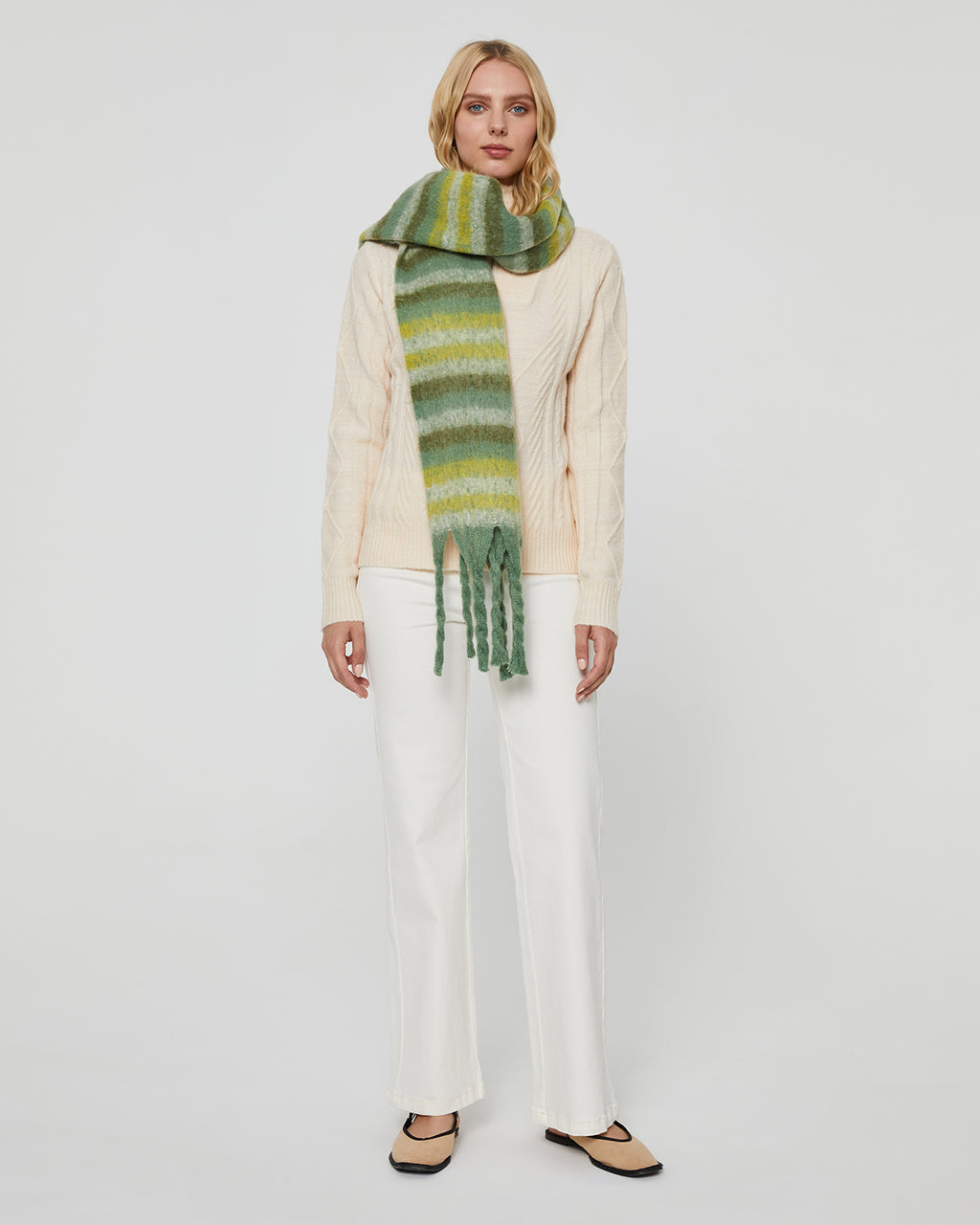 Women's striped scarf in green tones and with long fringes