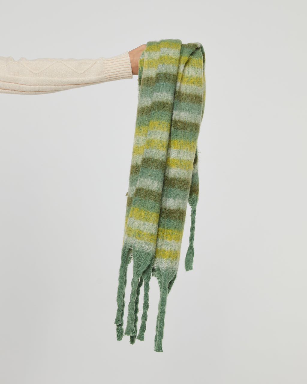 Women's striped scarf in green tones and with long fringes