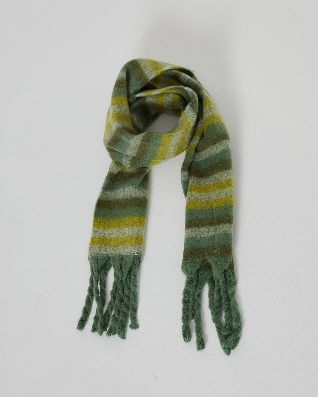 Women's striped scarf in green tones and with long fringes