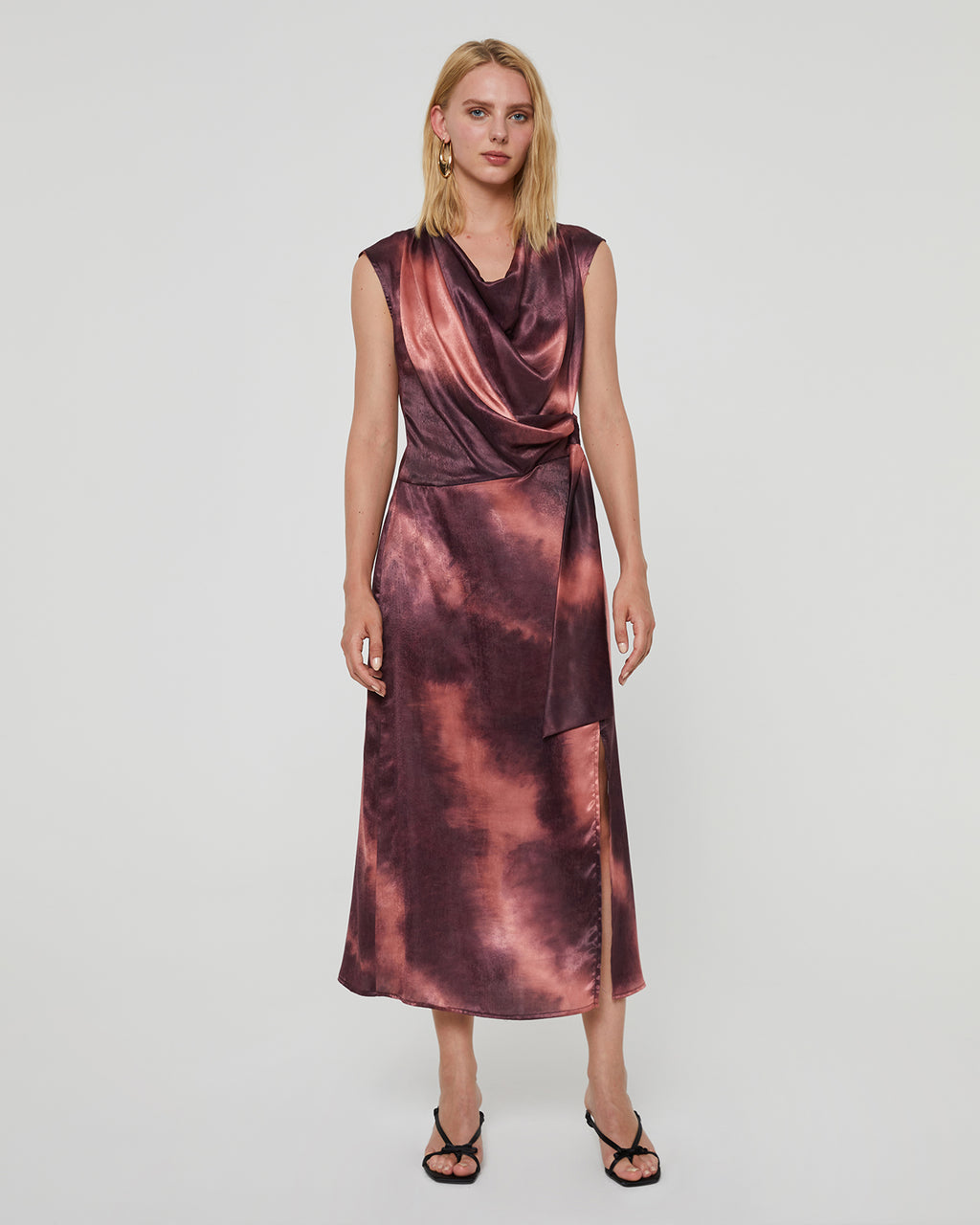 Sleeveless tie dye print dress with draped neckline