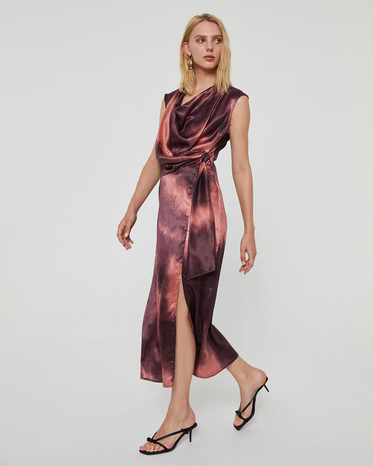 Sleeveless tie dye print dress with draped neckline