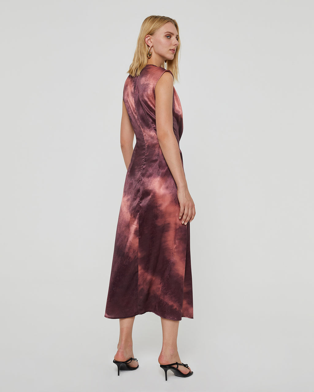 Sleeveless tie dye print dress with draped neckline