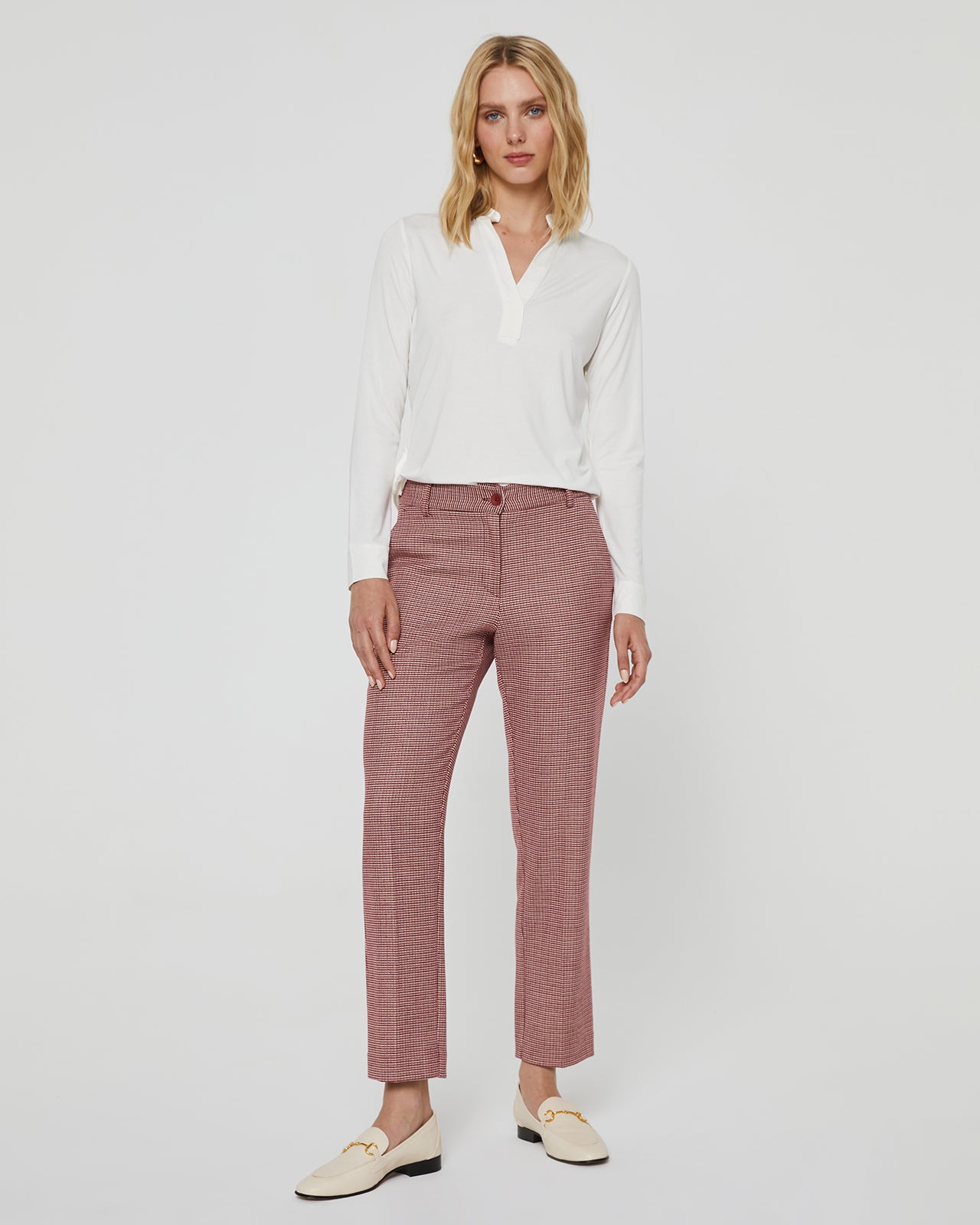 Women's straight-leg checked trousers with French pockets