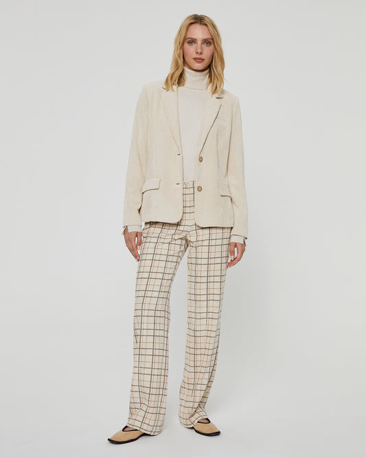 Women's straight trousers with printed checks in corduroy fabric