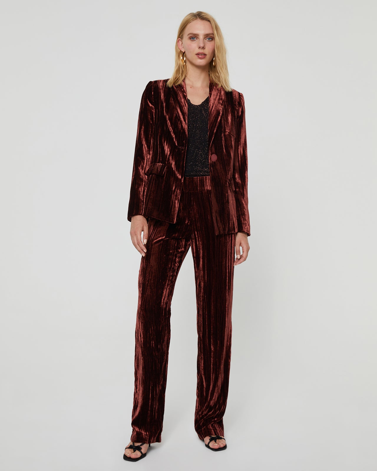 Women's straight velvet blazer with tuxedo-style lapel