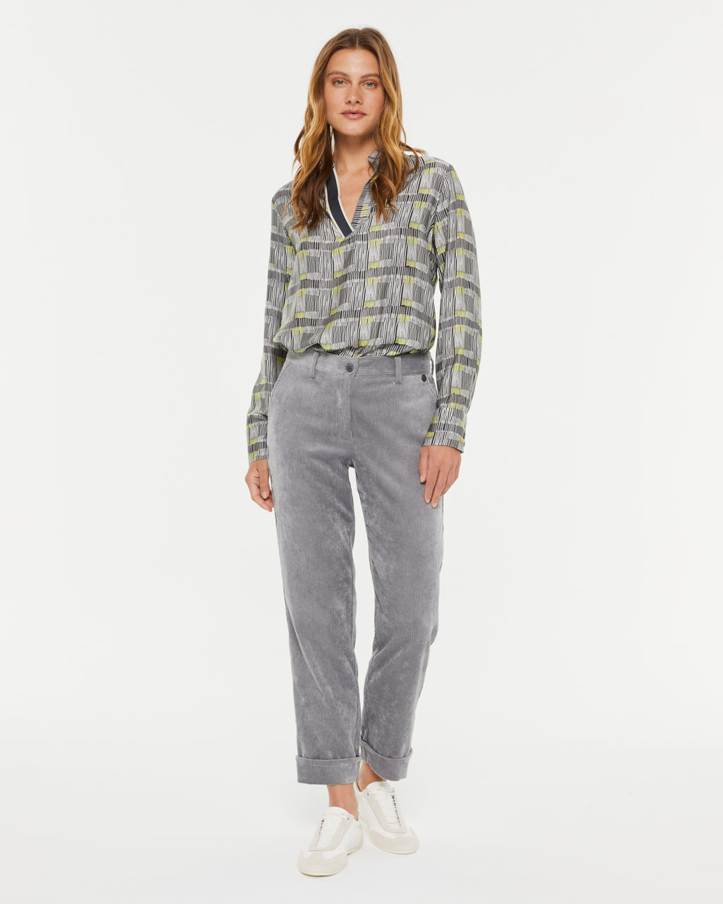 Blusa de mujer estampado cuadros manga larga cuello mao