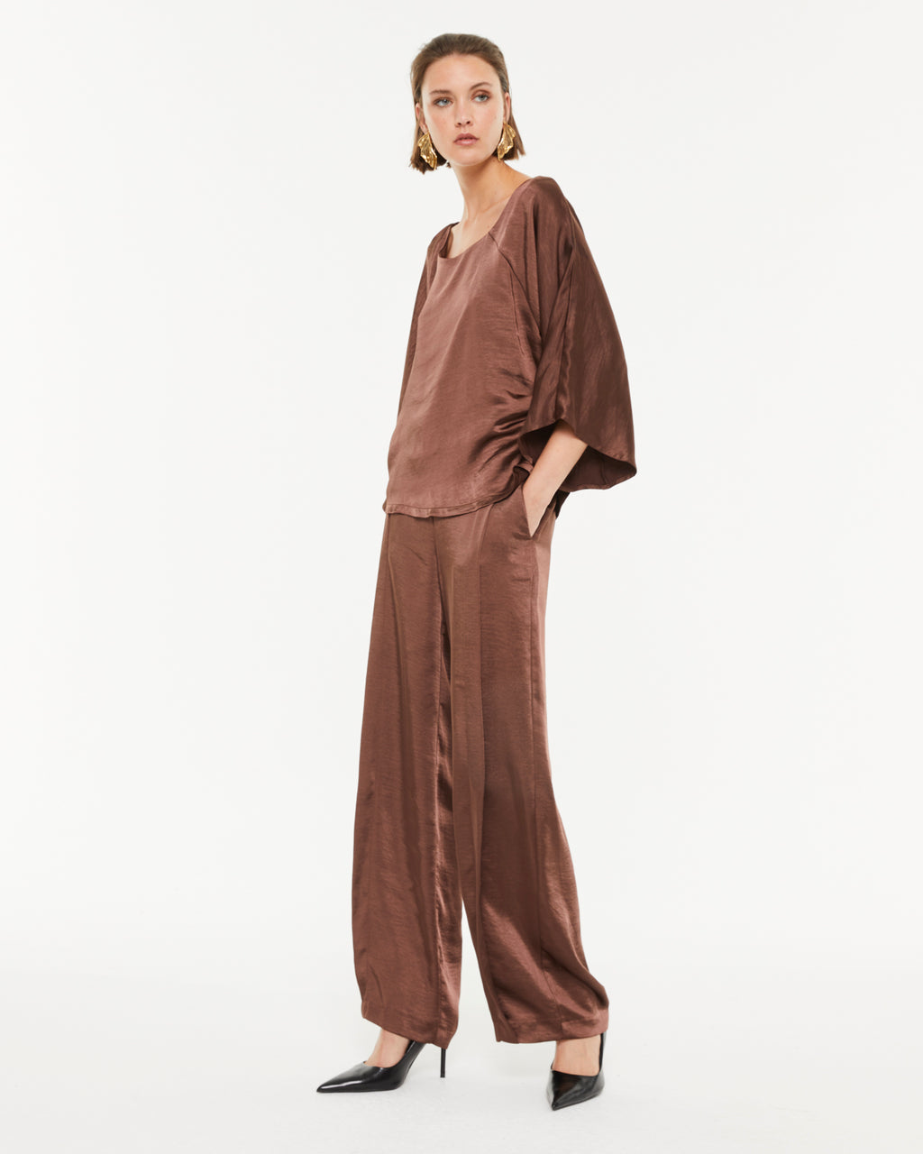 Chemisier en satin pour femme à manches françaises et encolure ronde