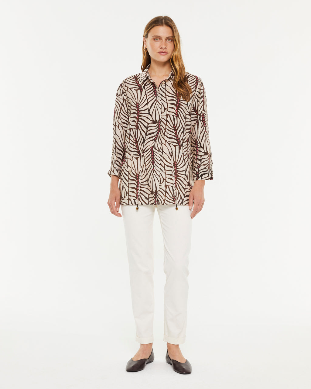 Camisa de mujer estampada cuello camisero manga francesa