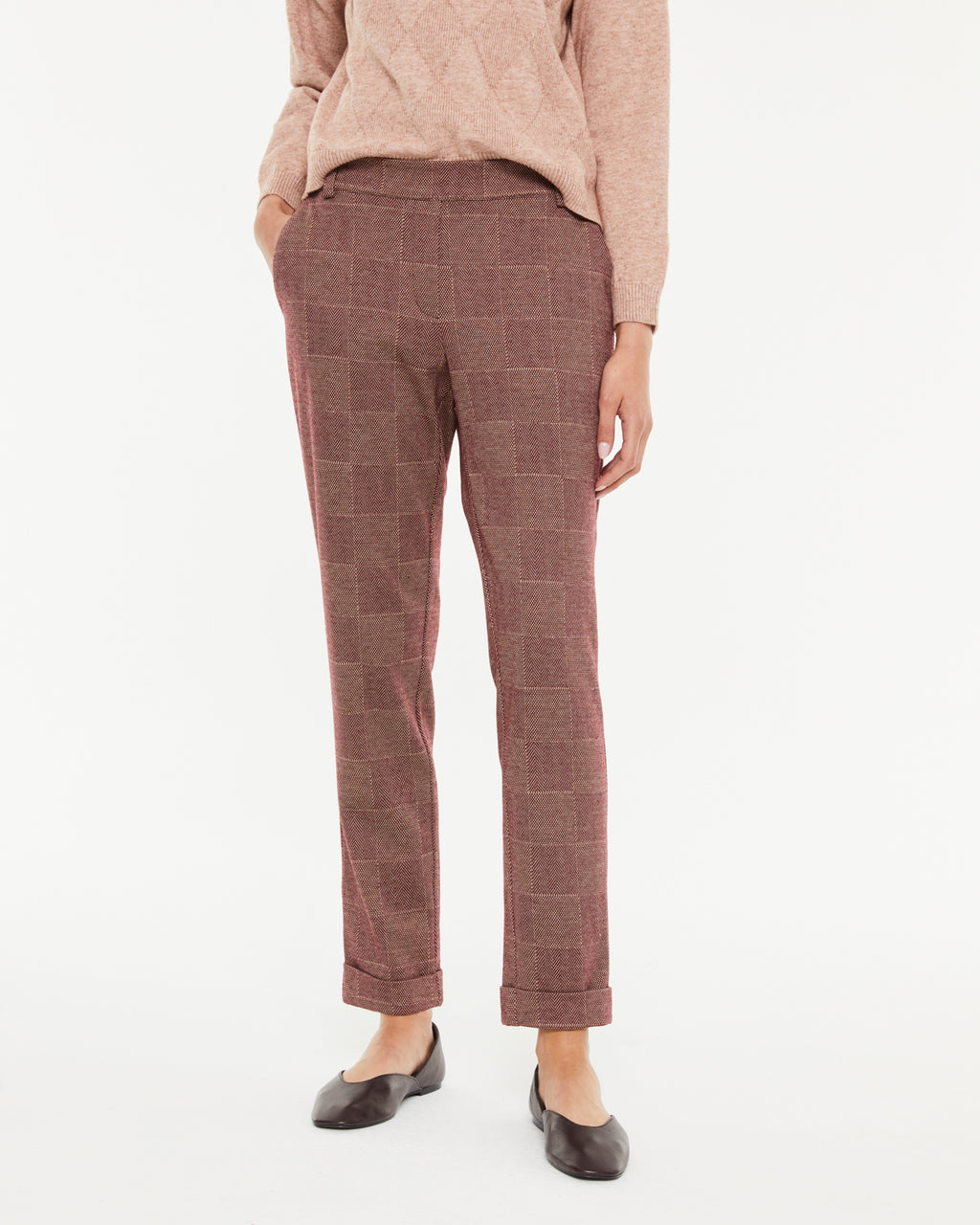 Pantalon droit pour femme avec tricot à carreaux et taille élastique