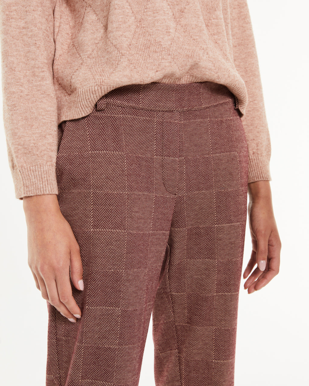 Pantalon droit pour femme avec tricot à carreaux et taille élastique