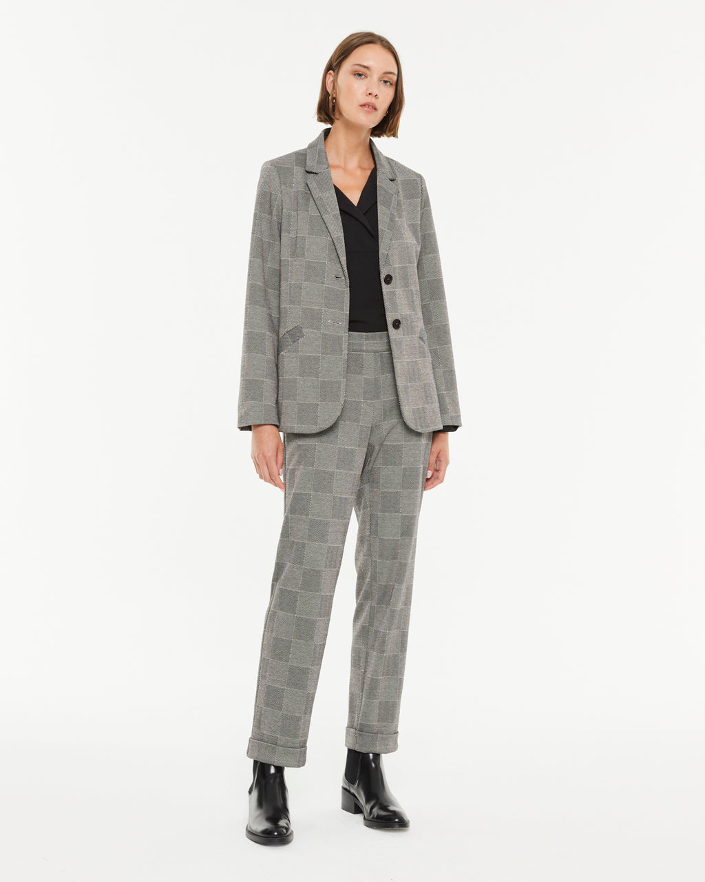 Pantalón recto de mujer punto cuadros cintura elástica