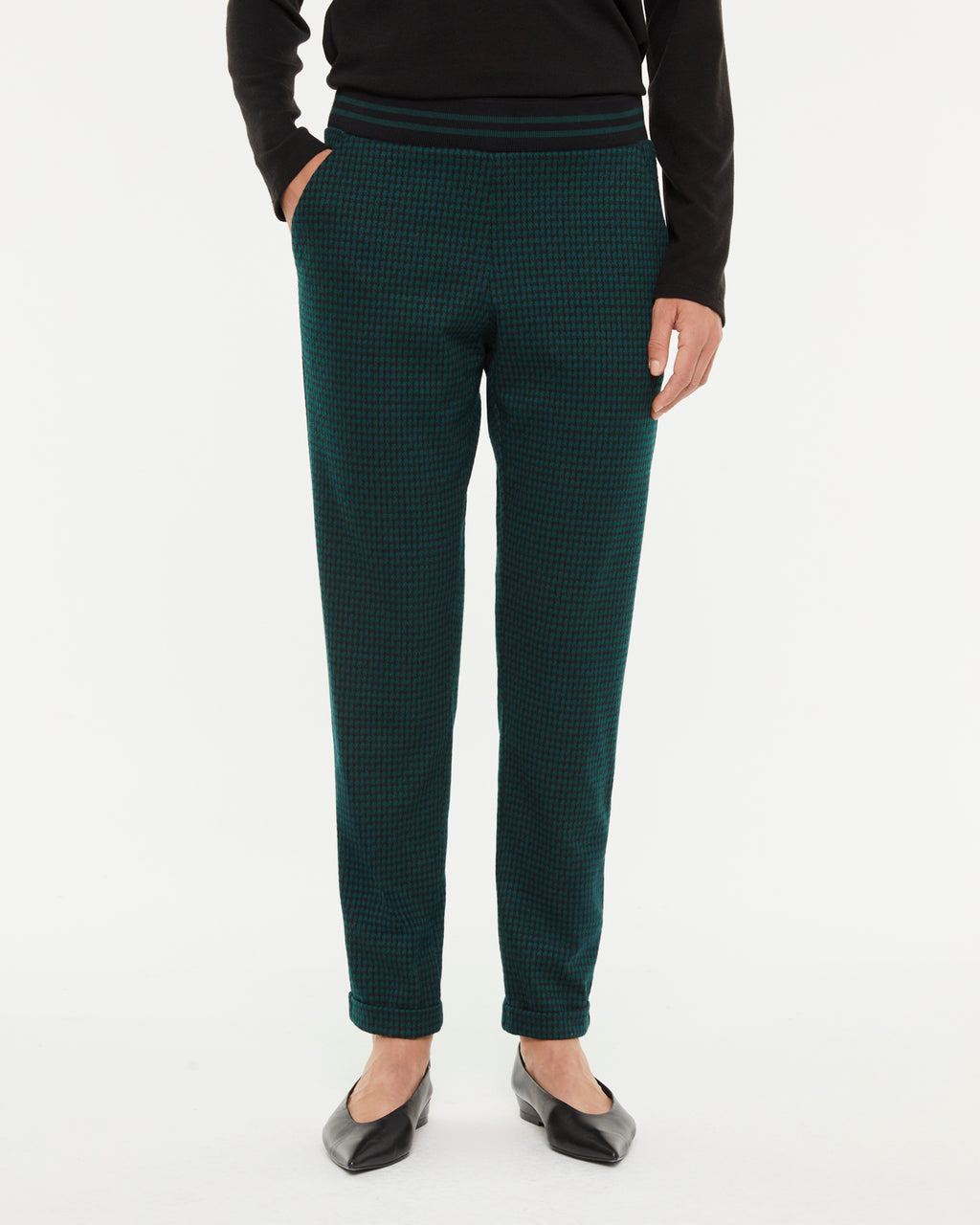 Pantalón recto en punto fantasía cuadros cintura elástica