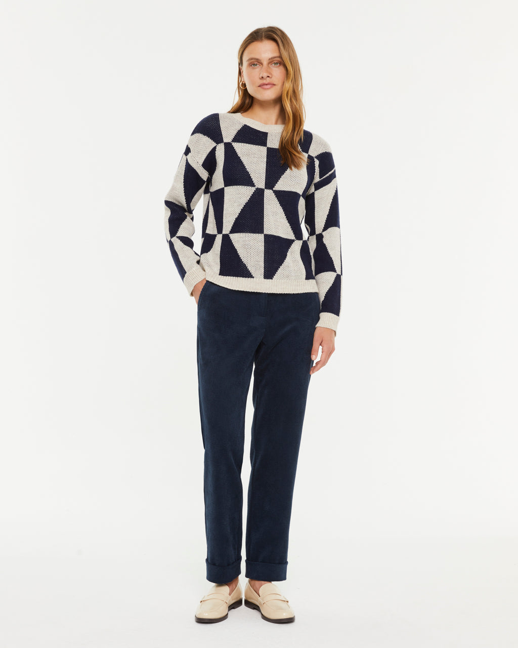 Pantalon droit en velours côtelé pour femme avec taille élastique