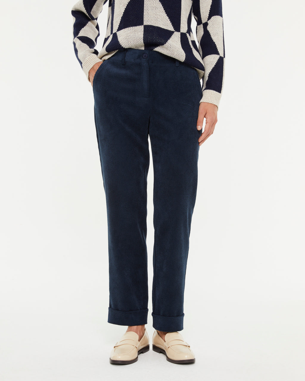 Pantalon droit en velours côtelé pour femme avec taille élastique