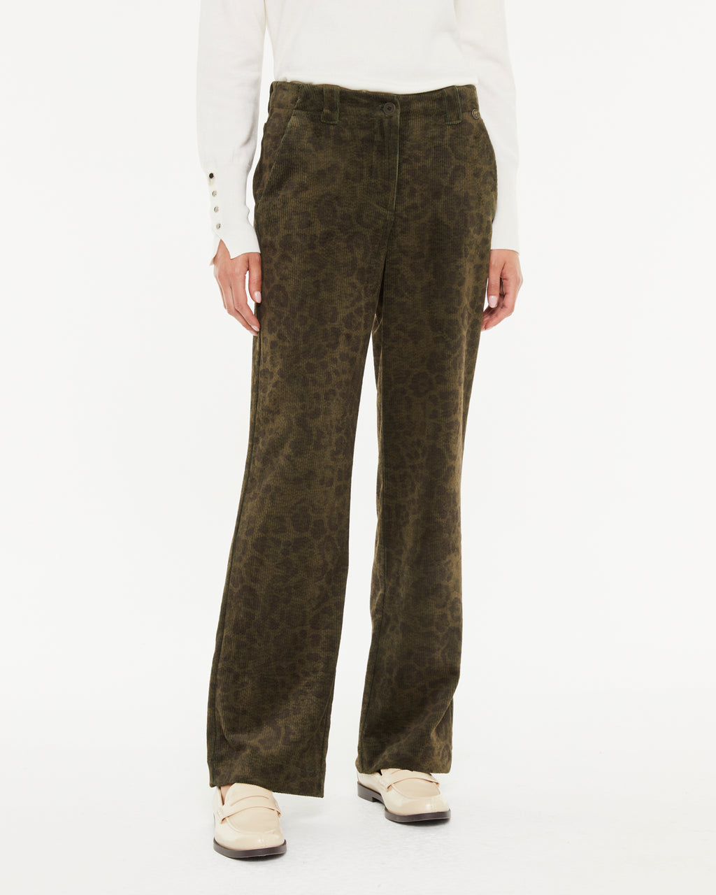 Pantalón recto de mujer de pana estampada animal print