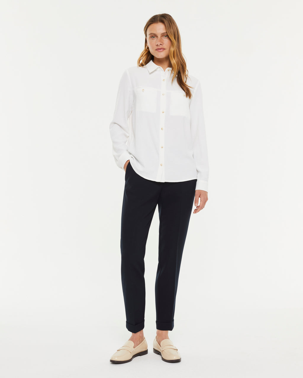 Pantalon droit femme en maille roma avec ourlet retroussé