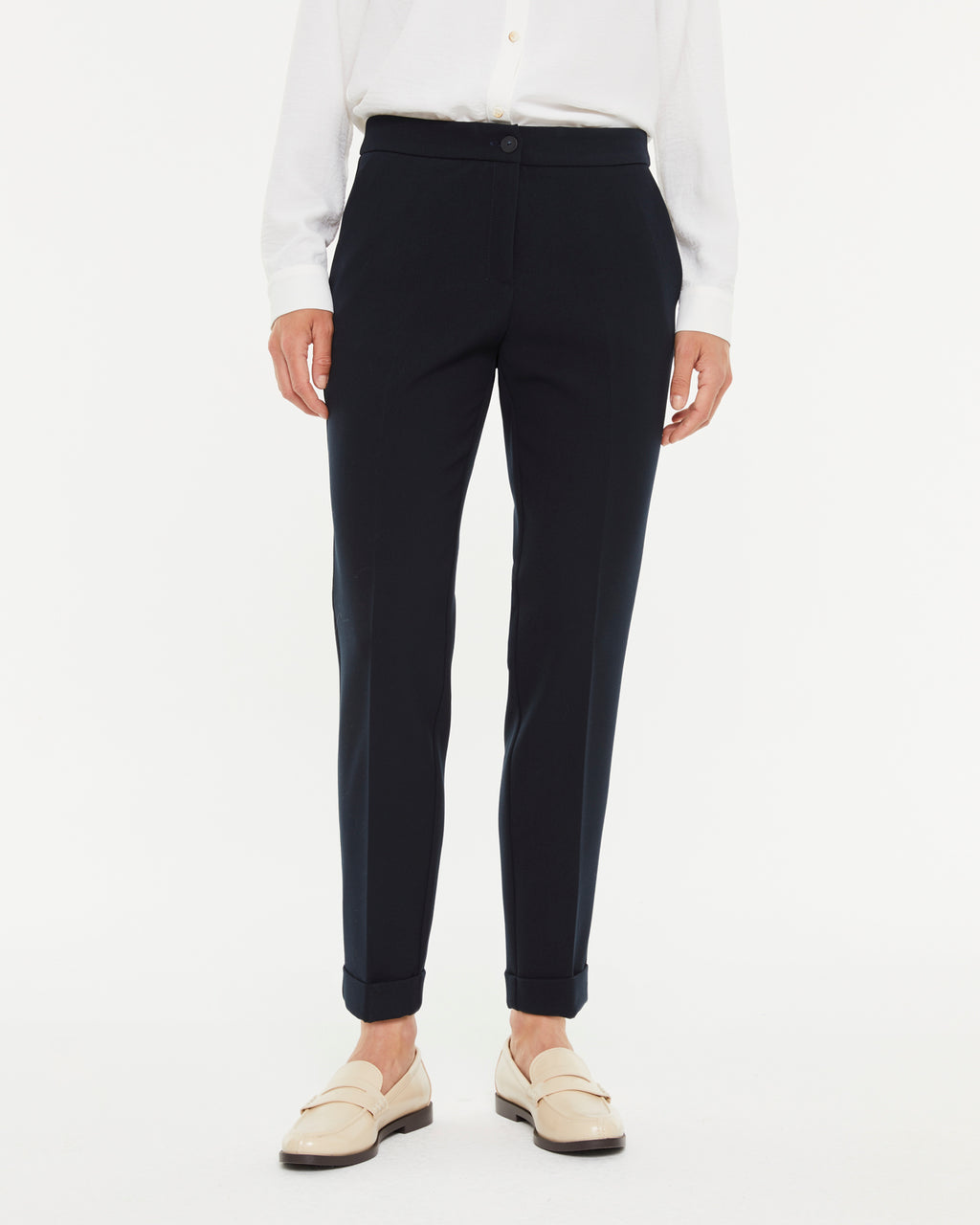 Pantalon droit femme en maille roma avec ourlet retroussé