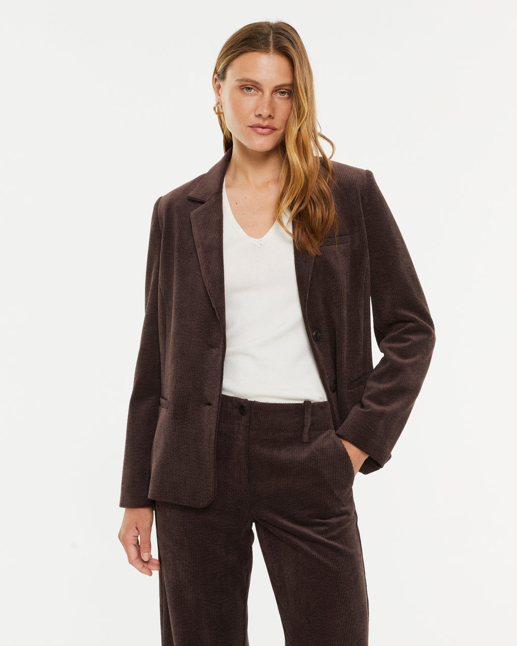 Blazer basique en velours côtelé pour femme avec col à revers