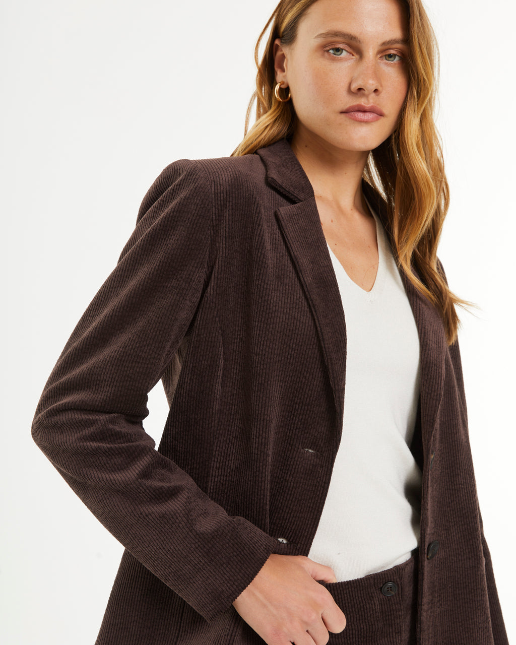 Blazer basique en velours côtelé pour femme avec col à revers