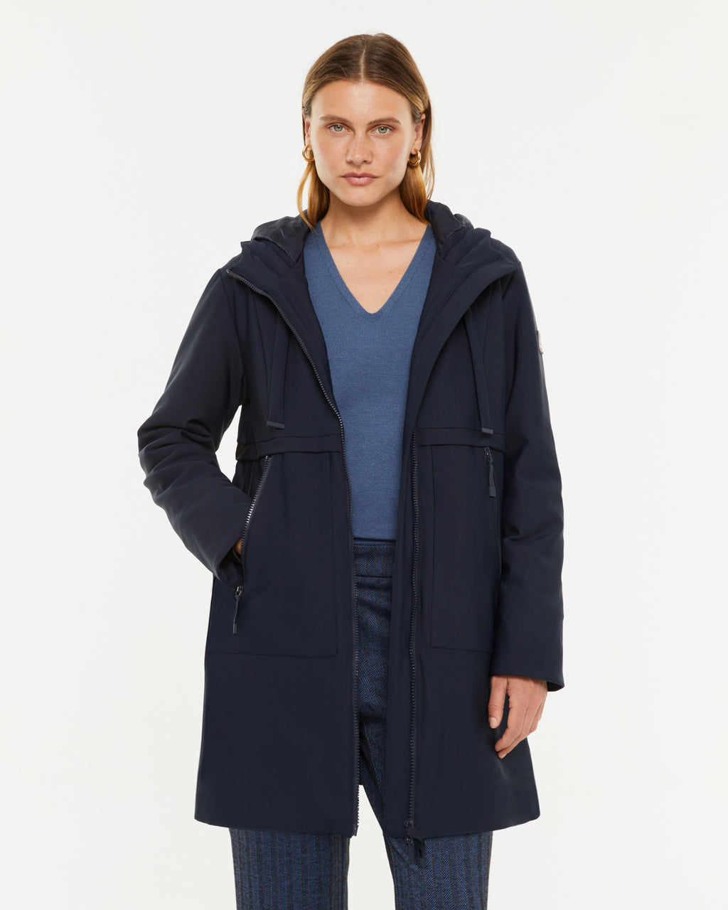 Parka larga de mujer con capucha y cremalleras