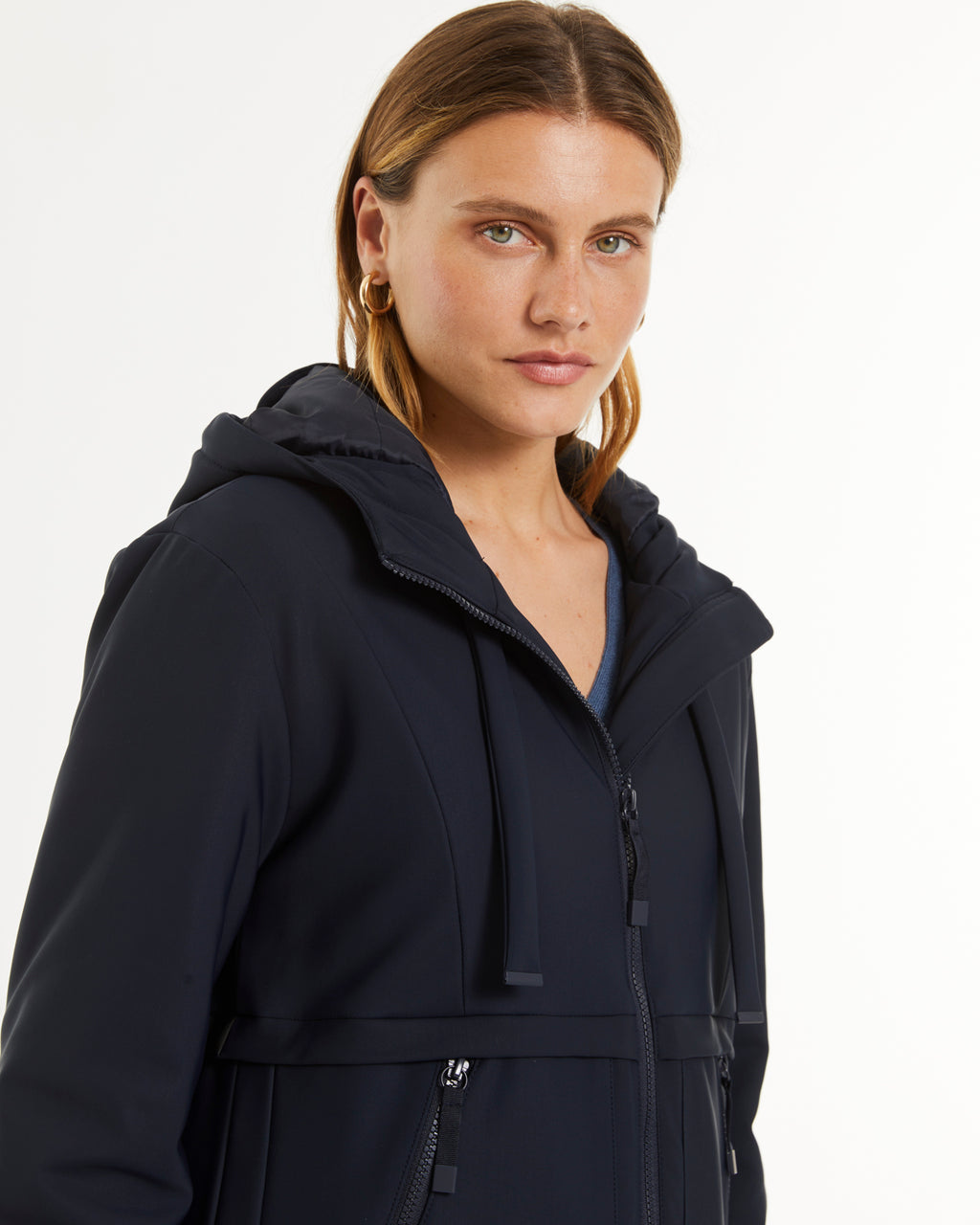 Parka larga de mujer con capucha y cremalleras