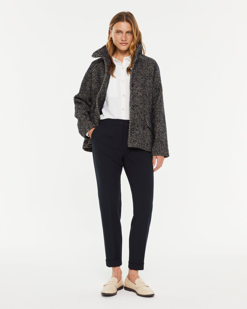 Women's herringbone print coat with high neck