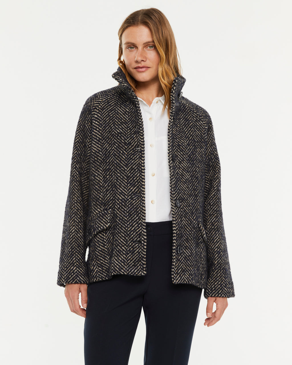Women's herringbone print coat with high neck