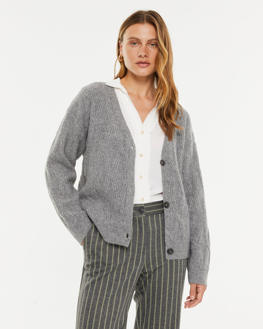 Cardigan de mujer punto fantasía rombos cuello pico