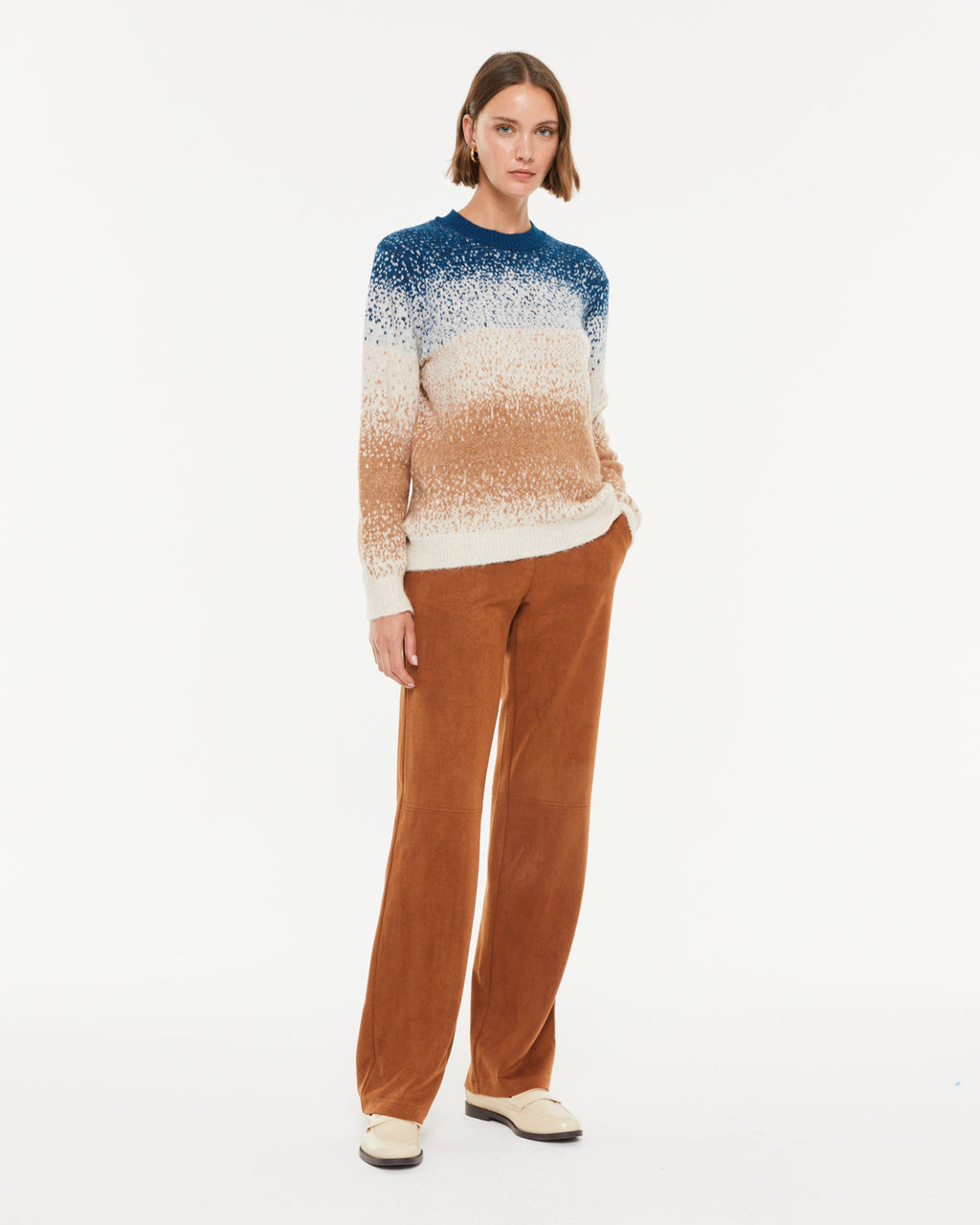 Pull femme en maille fantaisie à manches longues et col rond