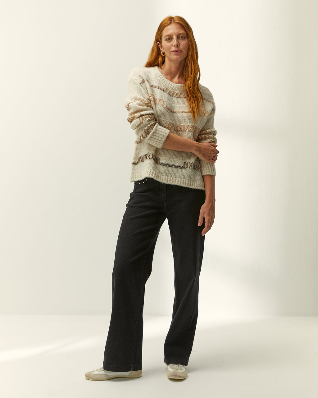 Jersey de mujer cuello redondo estampado jaquard
