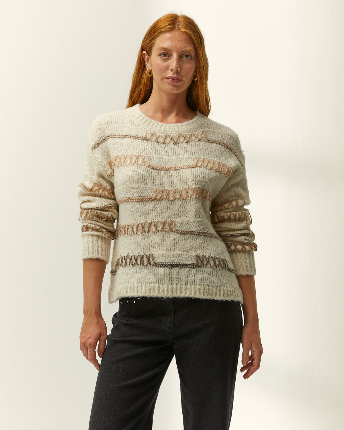 Jersey de mujer cuello redondo estampado jaquard