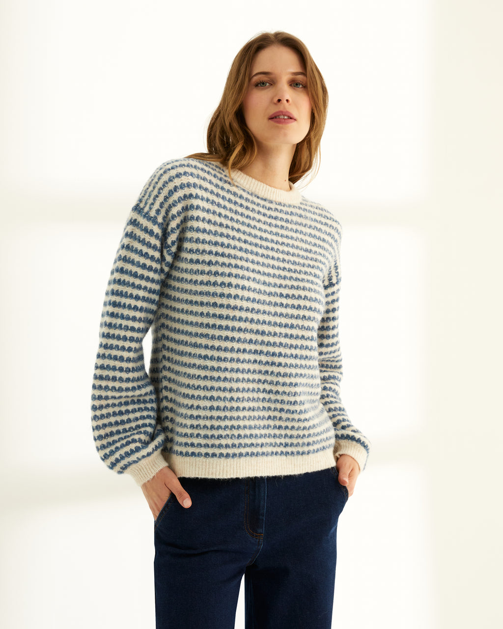Jersey de mujer rayas cuello redondo manga abullonada